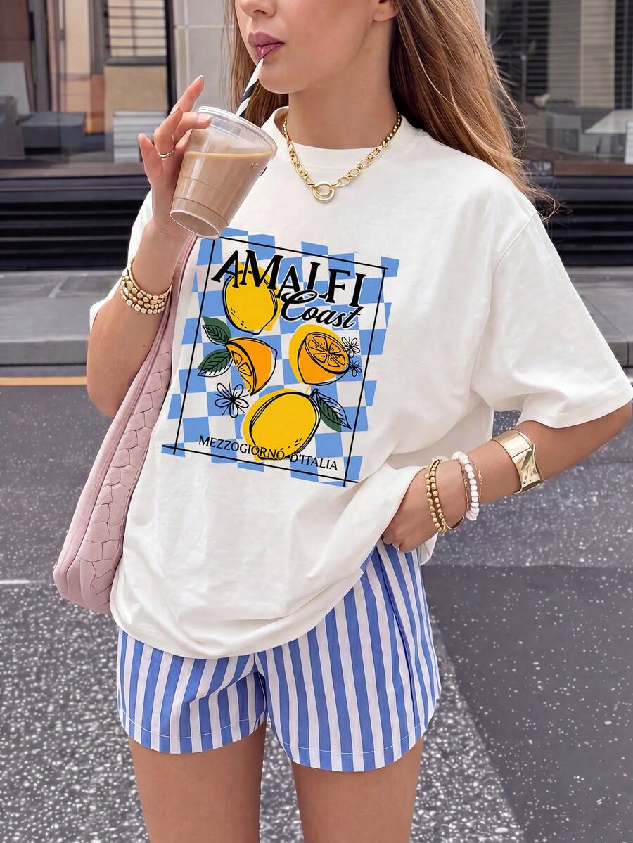 Women's Lemon Print Short Sleeve T-Shirt, Round Neck, Regular Fit, Knit Fabric, Suitable For Summer Street Wear Casual White - White - View 1