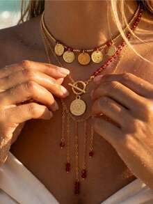 3 Piezas/Set Collar de Flecos de Cristal Falso Estilo Boho, Accesorio de Cadena Gargantilla con Colgante Redondo Versátil y de Moda - conjunto de collar - Ver 2