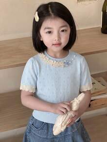 Atasan Rajut Lengan Pendek Musim Semi/Panas Manis untuk Anak Perempuan, Desain Manset & Kerah Renda, Atasan Rajut Kasual, Gaya Musim Panas, Lipit Kasual Serbaguna untuk Sehari-hari - Biru - View 2