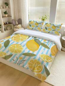 3pcs Blue White Striped & Sweet Lemon Slice Print Duvet Cover Set (1*Duvet Cover + 2*Pillowcase, Without Core), Easy Care,Chic, Lightweight - Baby Blue - View 1