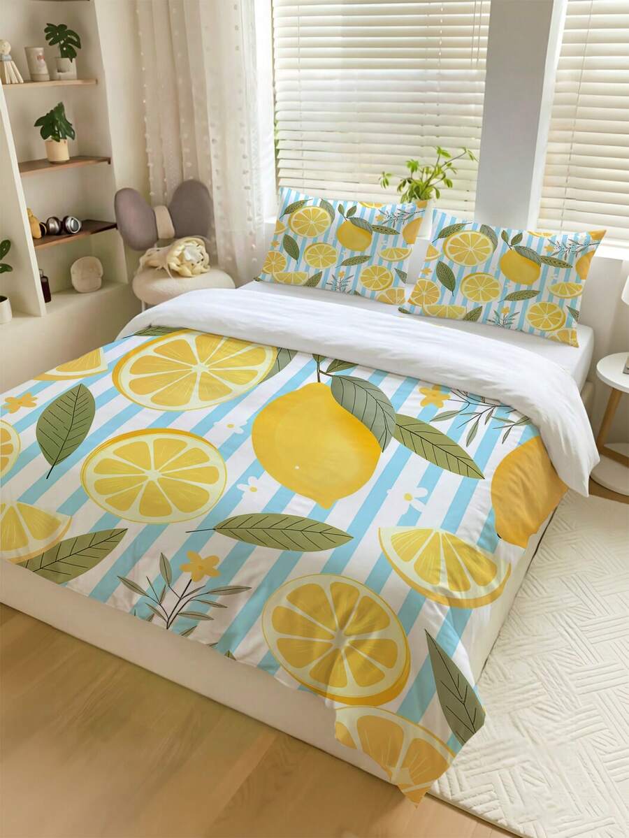 3pcs Blue White Striped & Sweet Lemon Slice Print Duvet Cover Set (1*Duvet Cover + 2*Pillowcase, Without Core), Easy Care,Chic, Lightweight - Baby Blue - View 1