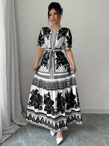 New 2026 Model: Floral A-Line Dress With Short Sleeves And Boat Neck, Elegant For Summer - 黑色 - 查看 4