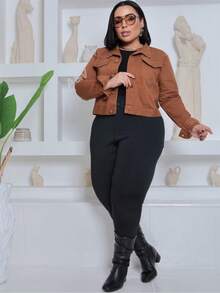 Women's Plus Size Cropped Denim Jacket With Covered Button Hem, Twill Fabric, Sizes G1 To G4 - 鏽棕色 - 查看 6