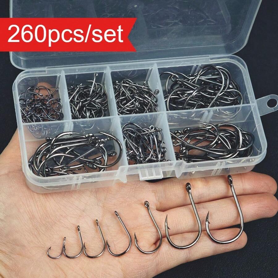 Avlcoaky 260pcs/Set Fishing Hook Sets Freshwater Saltwater Fishing Tackle Set Worm Soft Bait Jig Fishhooks - Black - View 1