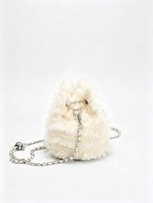 Cream Tulle Ruffle Bucket Bag, Faux Pearl Drawstring Chain Crossbody Bag, 2025 Ballet Fairy Style Women's Teen Handbag, Suitable For Bride/Date/S - Apricot - View 8