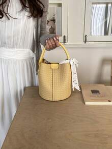 Women's Handbag Bucket Bag Fashion Versatile Elegant Solid Color Striped Yellow Bag With Scarf Suitable For Shopping And Commuting Includes Small Pouch - Yellow - View 4