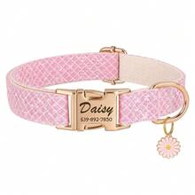 Personalized Dog Collar Shiny Nylon Dog Collars with Cute Flower Tag Engraved Pet Name ID Buckle Collar for Small Large Dogs Chihuahua - Rosa - Ver 3