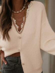 Women's Itchy Fabric Need Match Inner Top V-Neck Rhinestone Button Knit Cardigan Back To School Loose Open Front Sweater For Daily Fall Winter Wear - White - View 5