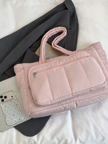 1pc Women's Solid Color Zipper Decor Shoulder Bag Large Capacity Zipper Opening With Compartment Tote Bag - Baby Pink - View 3