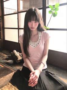 韓系辣妹V領短袖黑色女款夏季新款修身顯瘦時尚高級上衣 粉色優雅波點 - 粉色 - 查看 2