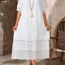 jianchaimaoyi02  Vestido casual de talla grande, vestido bohemio de verano fluyente con cuello redondo, sin mangas, dobladillo asimétrico, adecuado para primavera y verano, - Niebla azul - Ver 6