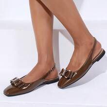 Minimalist Square Toe Slingback Flat Shoes, Brown Patent Leather With Crystal Bow, Versatile Women's Shoes For Commute And Daily Wear - Brown - View 3