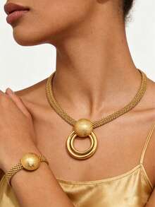 3pcs Vintage Elegant Fashion Necklace & Earrings Jewelry Set For Women - Yellow Gold - View 15