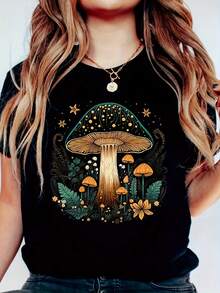 Camisetas divertidas - ¡Oferta por tiempo limitado! Camisetas de manga corta para mujer con estampados de helechos y setas - Prendas informales de verano, perfectas para lucir en verano. - Negro - Ver 4