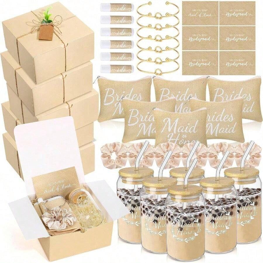 54 piezas de regalos para propuesta de damas de honor, set de regalo para damas de honor que incluye caja de regalo, bolsa de maquillaje, tarjeta de invitación, vaso de vidrio, bálsamo labial, coletero, diadema con nudo para el cabello para bodas (Verde) - Verde, blanco - Ver 1