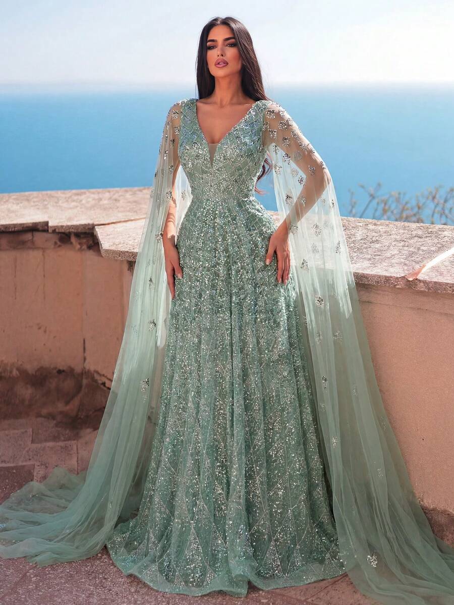 Faeriesty 優雅A字深V領披肩袖亮片飾禮服婚紗