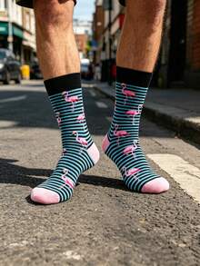 1 Pair Men's Fun Flamingo Striped Mid-Calf Socks, Personalized Mid-Calf Socks, Retro Blue & Black Striped Flamingo Print Men's Socks, European & American Street Style, Niche Color-Block Flamingo Pattern Mid-Calf Socks, Eye-Catching Daily Style For Boys, Father's Day Gift Socks - Multicolor - View 3