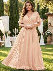 Butterfly Sleeve Plus Size V-Neck Floral Lace Patchwork Chiffon Rhinestone Belt Dress, Suitable For Wedding Guest, Summer, Birthday, Graduation, Back To School And Other Occasions Elegant - Champagne - View 2