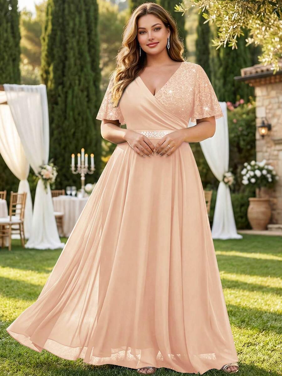 Butterfly Sleeve Plus Size V-Neck Floral Lace Patchwork Chiffon Rhinestone Belt Dress, Suitable For Wedding Guest, Summer, Birthday, Graduation, Back To School And Other Occasions Elegant