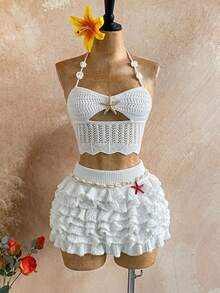 Dirp Noir Women's Early Autumn Independence Day Pure White Solid Color 3D Floral Decor Thin Strap Starfish Hollow Out Cropped Knit Tank Top + High Waist Shell Starfish Waist Decor Multi-Layer Tassel Ruffle Cake Wide Leg Shorts Two Pieces Hollow Out Knit Casual Set, Breathable Chunky Yarn Hollow Out Mesh Knit Material, Suitable For Independence Day, Beach Street Parade, Tropical Island Vacation Photo Shoot, Outdoor Lawn Picnic, Influencer Cafe Afternoon Tea, Summer Beach City Shopping, Back To School Season - White - View 4
