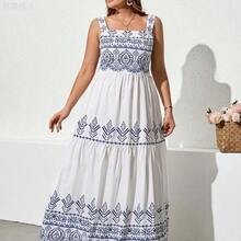 yonghongmaoyi1  Vestido de tirantes finos con volantes en el bajo, estilo romántico y vacacional, en rojo y blanco, para mujer talla grande. Vestido floral, - Azul y blanco - Ver 6