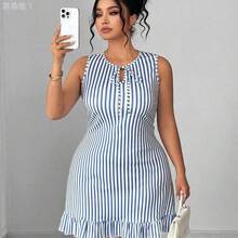 jianchaimaoyi02  Vestido de verano elegante con estampado floral de cuello redondo sin mangas y ajustado para mujer de talla grande, vestido de verano cómodo y casual, - Rosa - Ver 7