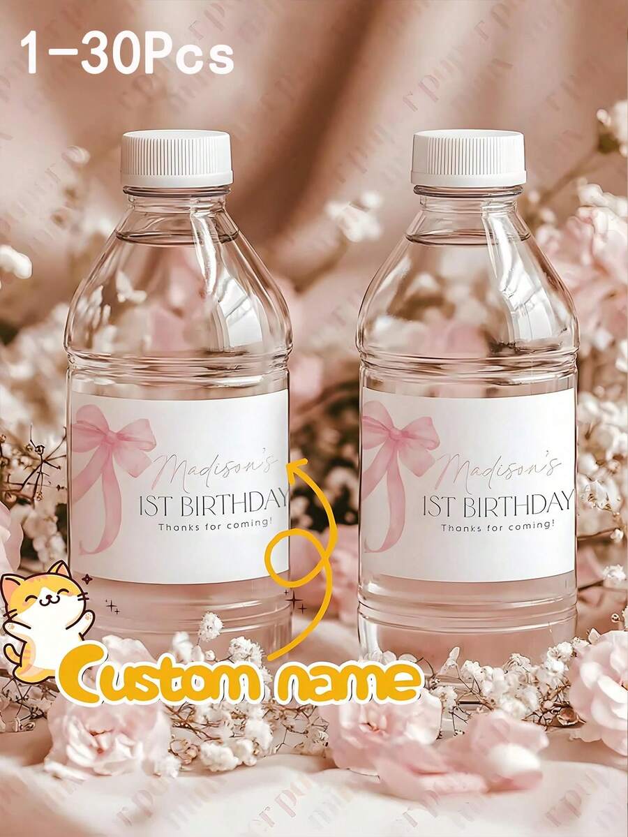 1-30 miếng nhãn chai nước nơ hồng tùy chỉnh, nhãn chai nước nơ hồng sinh nhật 1 tuổi, trang trí tiệc mừng em bé, trang trí tiệc sinh nhật, nhãn dán chai nước sinh nhật, nhãn sinh nhật bé gái nơ hồng - Nhiều màu - Xem 1