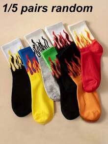 1/5 Pairs Unisex Contrast Color Flame Pattern Mid-Calf Sports Socks, Creative Personalized Fashion Casual Daily Versatile All Seasons, Random Color And Style - Multicolor - View 1