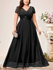 Talla Grande - Vestido de Encaje con Abertura en la Espalda y Ajuste en la Cintura para Mujer de Talla Grande - Negro - Ver 6