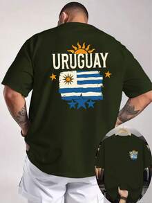 Camiseta de Hombre con Estampado de Doble Cara de la Bandera de Uruguay con Tres Estrellas, Elementos de Fútbol Sudamericano, Camiseta Holgada Personalizada para Aficionados Uruguaios - Negro - Ver 6
