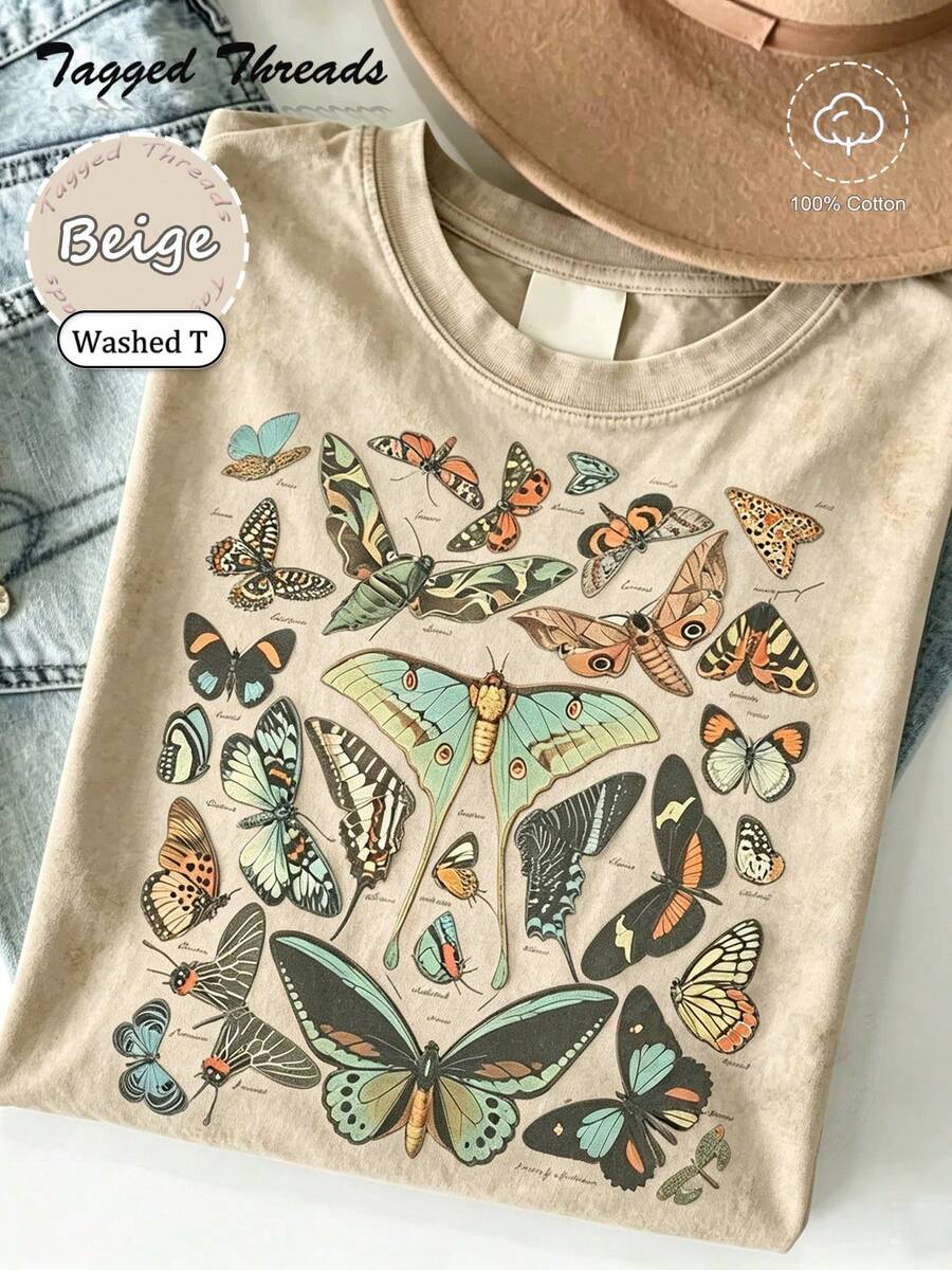 100% Cotton Vintage Butterfly & Moth Shirt Cottagecore Aesthetic Tee, Nature Lover Gift Comfortable T-Shirt Unisex Women's & Men's Campus Daily Wear - Washed T - Apricot - 查看 1