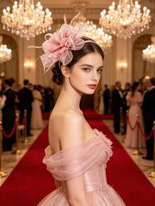 1 pièce Accessoire de tête élégant pour femme - Pince à cheveux style 1950s/60s avec ruban en maille florale, fascinateur décoratif vintage convenant pour les goûters élégants, le Kentucky Derby, les mariages et autres occasions formelles, bandeau pour cheveux - Vieux Rose - Voir 3
