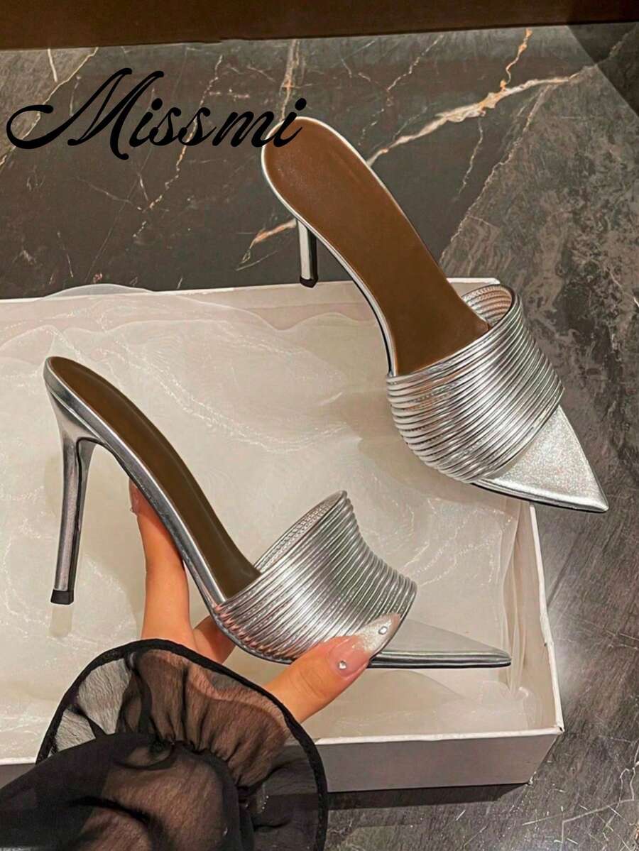 2026 New Arrival Summer Women's High Heel Mules, Pointed Toe Sexy Strap Sandals, Gold Color - Silver - View 1
