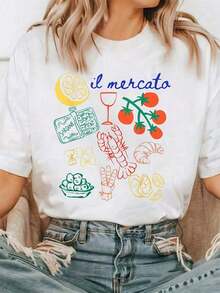 Camiseta Corta de Manga Corta con Estampado del Mercado de Agricultores Italianos, Tomate, Vino, Queso, Pizza, Cuello Redondo, Suave, Transpirable, Ligera, Informal de Verano para Mujer - Blanco - Ver 1