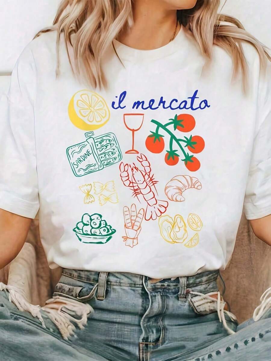 Camiseta Corta de Manga Corta con Estampado del Mercado de Agricultores Italianos, Tomate, Vino, Queso, Pizza, Cuello Redondo, Suave, Transpirable, Ligera, Informal de Verano para Mujer - Blanco - Ver 1