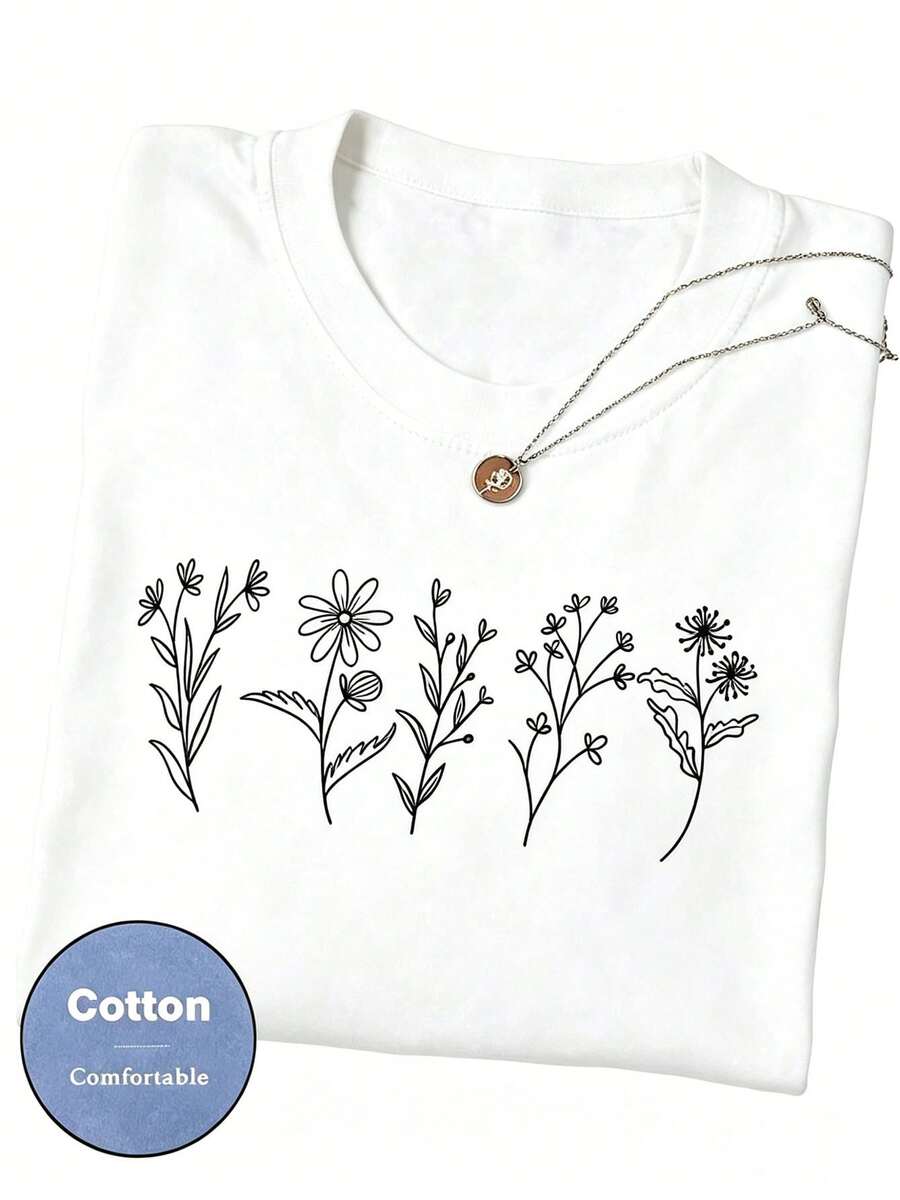 Women Floral Print Crew Neck Loose Casual T-Shirt, Short Sleeve Cheap Clothes Camiseta 100 Percent Cotton Clothing Women - 白色 - 查看 1