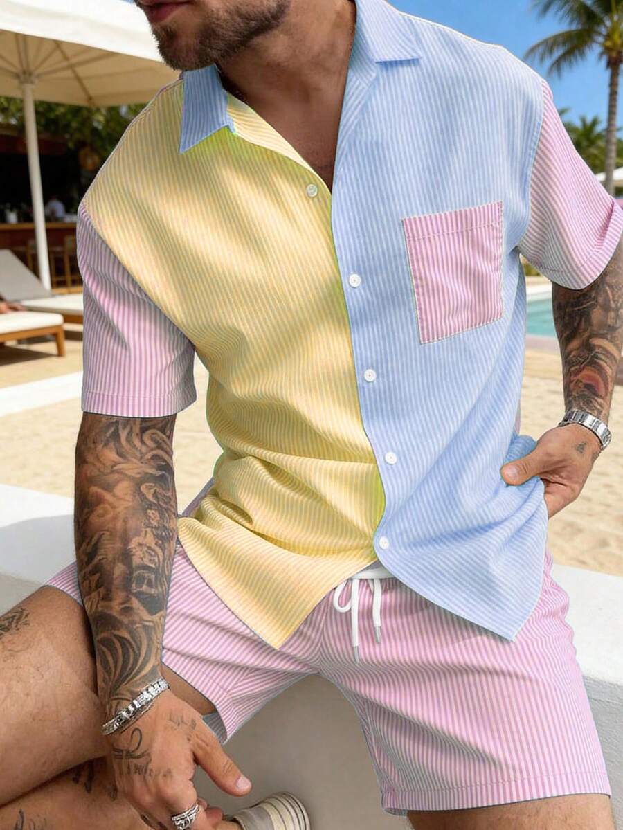Men's Casual Fashion 2-Piece Set Striped Lapel Contrast Color Short Sleeve Button-Down Shirt With Shorts Versatile Simple Casual Style Plus Size Set - Pink - View 1