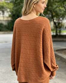 Women's Fall Long Sleeve Scoop Neck Knit Top Cable-Knit Details Oversized Regular Sleeve Sweater For Autumn Everyday Wear - trái cam - Xem 2