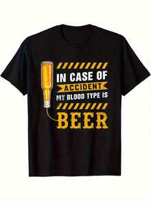Men's Funny Beer Blood Type T-Shirt - 100% Cotton 180g Casual Short Sleeve Tee With Beer Bottle Graphic & "In Case Of Accident My Blood Type Is Beer" Slogan, Machine Washable Suitable For Social Gatherings - Black - View 1
