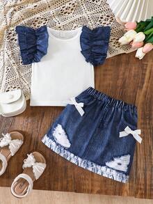 Girl's Summer Two Pieces Set, White Ribbed Top With Vintage Ruffle Bell Sleeves, White Bow Vintage Elastic Waist Skirt, Children's Everyday Casual Wear - Blue and White - View 3