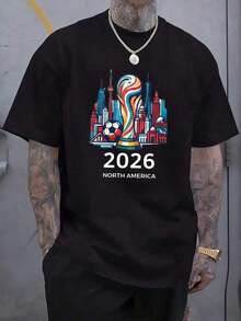 Camiseta de fútbol para hombre con estampado moderno y cuello redondo, Copa Mundial 2026, Norteamérica, camiseta gráfica blanca, ropa para aficionados 100% algodón. - Negro - Ver 1