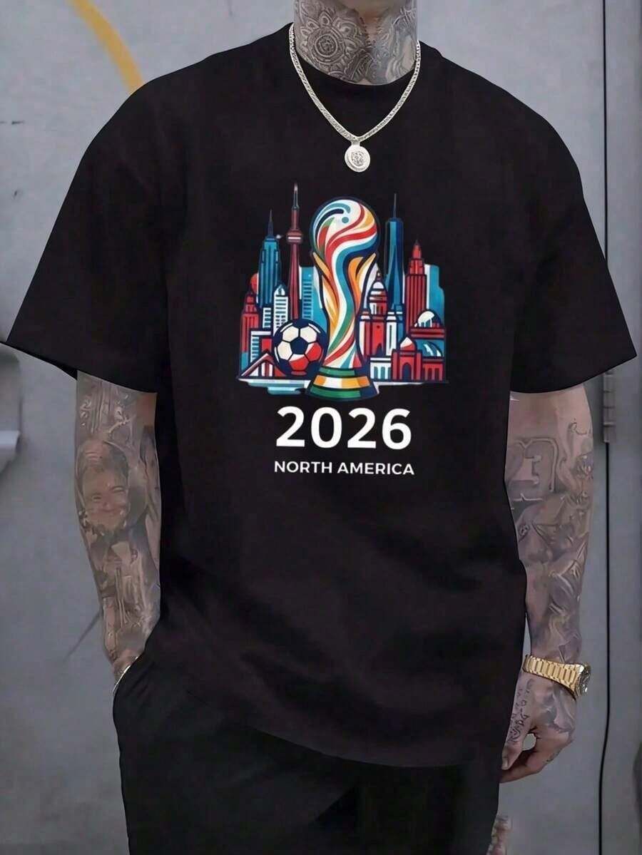 Camiseta de fútbol para hombre con estampado moderno y cuello redondo, Copa Mundial 2026, Norteamérica, camiseta gráfica blanca, ropa para aficionados 100% algodón. - Negro - Ver 1
