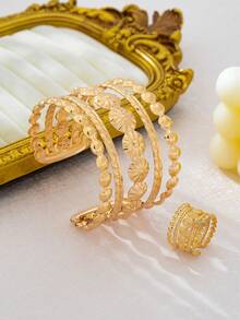 European And American Style 2pcs/Set Bohemian Pattern Bracelet And Ring Set, Versatile Daily Commute Party Women's Layered Jewelry Accessories - Yellow Gold - View 3