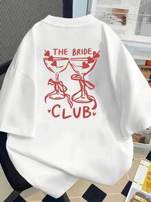 The Bride Club Cheers Print T-Shirt, Double-Sided Design, Round Neck Loose Cotton Top For Spring Summer - 白色 - 查看 3