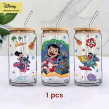 [Officially Licensed]Disney Stitch Glass Cup With Bamboo Lid And Straw | Cute Cartoon Tumbler Can Shaped Drinking Cup | Kawaii Iced Coffee Cup Gift For Lilo And Stitch Fans - Multicolor - View 16