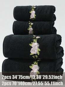 1件/2件/4件 玫瑰刺繡珊瑚絨毛巾浴巾，超柔軟、吸水、親膚、不掉毛、快乾手巾，戶外泳池毛巾、毯子、午睡毯，成人情侶居家日常用臉洗浴手巾，男女頭髮乾燥毛巾 70*140cm 浴室浴巾、34*75cm 面巾、或特大號 90*170cm 浴巾、40*80cm 毛巾 - 黑色 - 查看 11