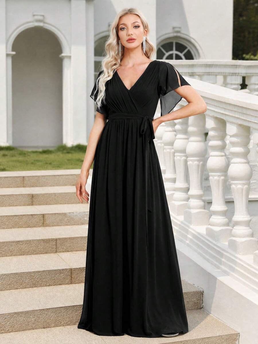 EVERPRETTY Spring Elegant V-Neck Ruffle Flare Sleeve Chiffon Black Bridesmaid Dress, Long Semi-Formal Evening Gown For Wedding Guest