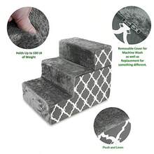 Escaleras/Escalones Plegables De Espuma Para Mascotas De Color Gris Oscuro Con Estampado De Celosía O Peldaños Para Perros Y Gatos 3 Peldaños - Estampado enrejado gris. - Ver 4