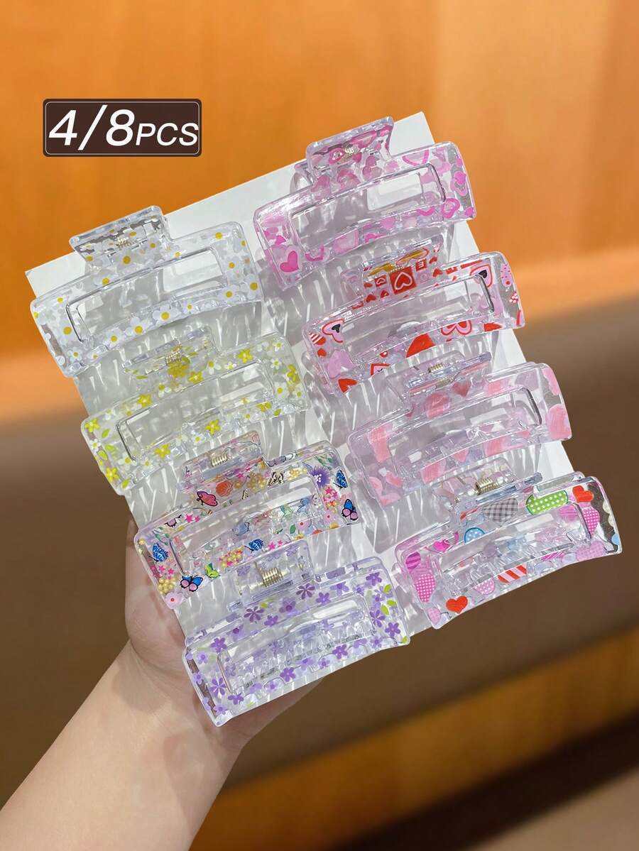 4/8入 女款時尚優雅可愛 2.5英吋彩色花朵愛心圖案小髮夾，適合半馬尾，適合春夏海邊度假，女款髮飾，女性禮物