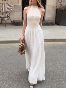 Daleeva Women's Solid Color Halter Neck Long Dress, Lace Top With Chiffon Skirt, Suitable For Vacation And Evening Occasions Elegant - White - View 1